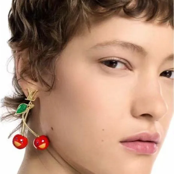 Louis Vuitton Gold Earrings with Red Cherries - Picture 3 of 9